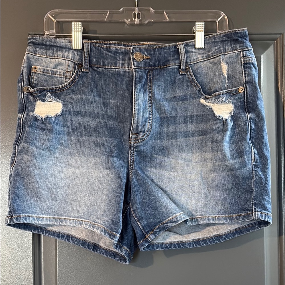 torrid Distressed High-Waist Denim Shorts in Blue
